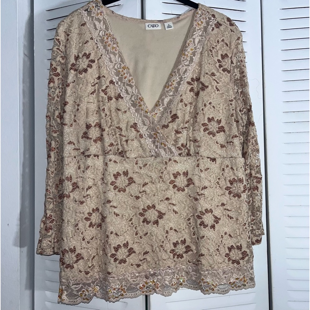 brown flower lace long sleeve v neck mesh